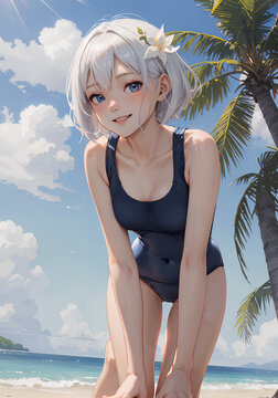 スクール水着でバカンスに来た女の子