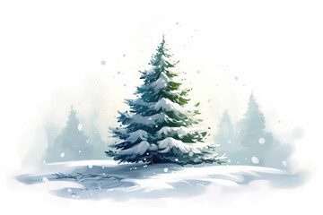 Illustration of a snowy forest with green spruce