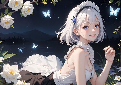 メイドと蝶の幻想的なイラスト