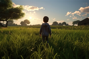 Naklejka na ściany i meble A child walks in nature, a little boy walks across the field, view from the back. AI generative.