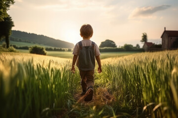 Naklejka na ściany i meble A child walks in nature, a little boy walks in the grass, view from the back. AI generative.