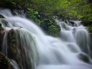 Waterfall in the forest in Plitvička Jezera, Croatia, May 2019