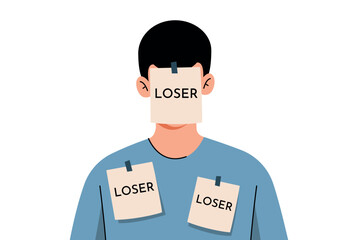 A person with badges is a loser subjected to people's insults. A victim of bullying. Ridicule and rejection by society.Concept illustration