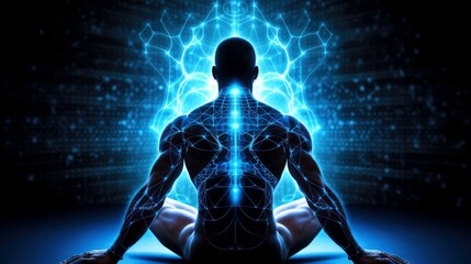 Fototapeta na wymiar Human meditate, yoga. Psychic human considers mind and heart. Spirituality, esotericism, with bokeh defocused lights. universe, Psychic waves concept, Generative AI illustration