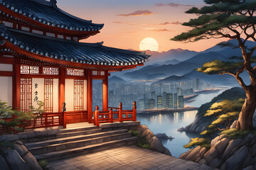 Draw me a picture of Korea with a wonderful night view