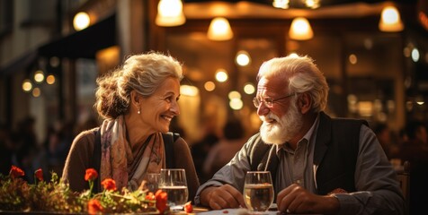 Happy adult couple enjoying delicious food and sharing joyful moments together in restaurant. Generative AI