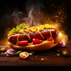 Hot dog with mustard and barbecue sauce on a wooden board.