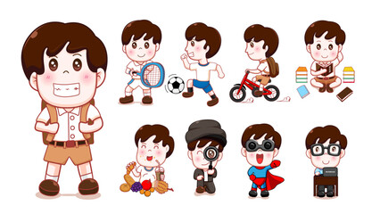Boy students vector character set design boys character in artist engineer and student uniform