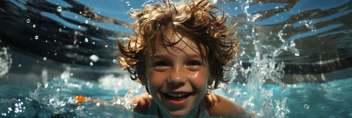Portrait of a joyful boy swimming in water. Concept of happiness and excitement. Generative AI