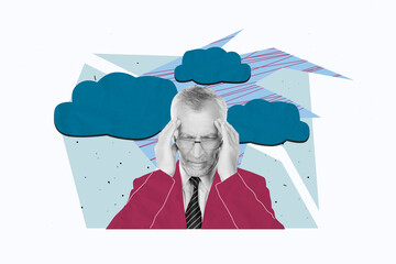 Composite photo collage illustration of overworked overwhelmed tired senior man hold arms on head...
