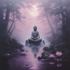 buddha in lotus position in the morning