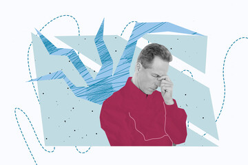 Composite abstract photo collage illustration of stressed tired mature man hold finger on head...