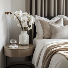 A close-up of a clean modern bedroom decorated with linens with luxurious soft white blankets with delicate natural light. 