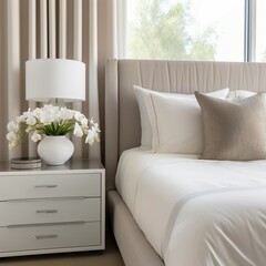 A close-up of a clean modern bedroom decorated with linens with luxurious soft white blankets with delicate natural light. 