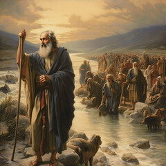 Fototapeta premium Exodus of the bible, Moses crossing the Red Sea with the Israelites, escape from the Egyptians, illustration, generative AI 