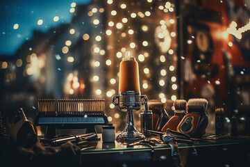 from behind a captivating photo series of the barbershop stylist's favorite grooming tools, each beautifully highlighted with bokeh lights, reflecting their dedication to quality. Generative AI