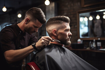 from behind the skilled barbershop stylist in action, expertly crafting a modern fade haircut for a client, with hair clippings gently falling around them in a bokeh-laden ambiance Generative AI - obrazy, fototapety, plakaty