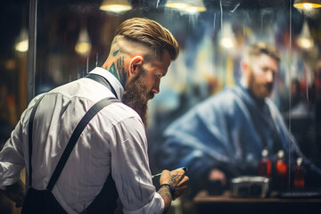 Obraz premium from behind an artistic bokeh-inspired painting of a barbershop stylist meticulously trimming a beard, showcasing the precise detailing and artistry of their work. Generative AI