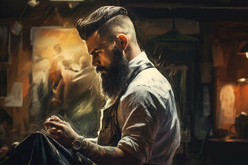 from behind an artistic bokeh-inspired painting of a barbershop stylist meticulously trimming a beard, showcasing the precise detailing and artistry of their work. Generative AI
