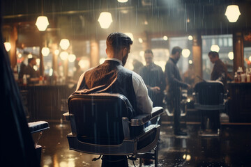 Obraz na płótnie Canvas from behind a captivating time-lapse video of a bustling barbershop, with the stylist attending to clients, accompanied by the soft glow of bokeh lights adding to the atmosphere. Generative AI