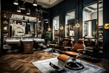 from behind an interactive virtual tour of a modern barbershop, highlighting the stylist's station, with bokeh-laden images showcasing the attention to detail and trendy ambiance. Generative AI