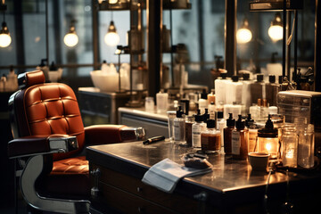 Fototapeta na wymiar from behind a visually stunning display of barber products and grooming essentials, beautifully arranged under the soft glow of bokeh lights at the stylist's station. Generative AI