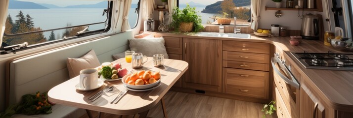 Cozy interior of a kitchen in a trailer. Travel concept. Generative AI