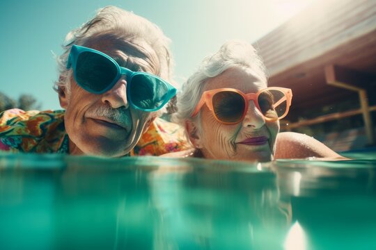 Happy old couple in pool. Generate Ai