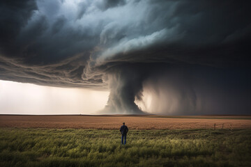 Obraz na płótnie Canvas Tiny man in front of dangerous tornado. Storm chaser, tornado hunter. Stormy clouds landscape. Photorealistic Ai generated illustration