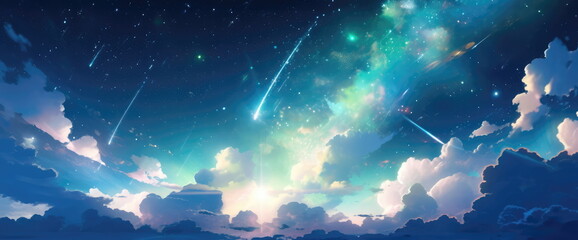 Aqua blue Heavenly sky. Sky of shooting stars, meteor shower, wide format background illustration. Space spectacle. Hand edited generative AI.
