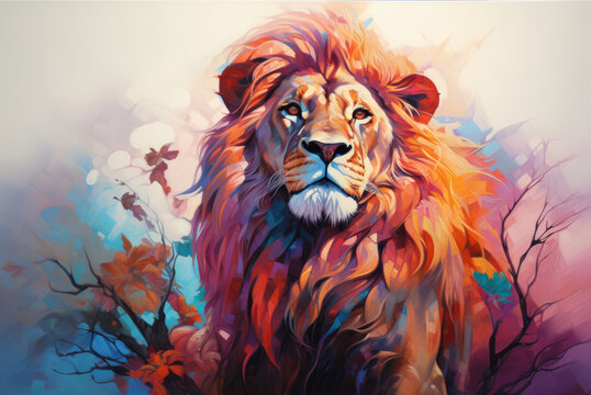 Vivid Lion in Colorful Wonderland: An AI-generated photo capturing the regal lion in an enchanting and colorful wonderland, adding an imaginative touch to this majestic creature.