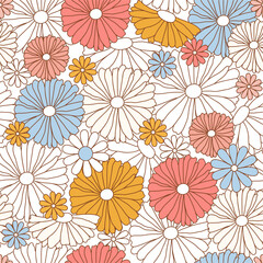 Fototapeta na wymiar Happy retro seamless pattern with groovy daisy flowers. Cute various bright color daisy. Vintage colorful trippy hippie vector for invitation, wrapping paper, packaging etc.