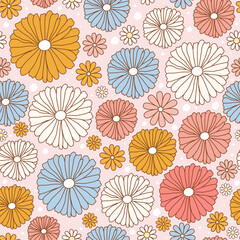 Happy retro seamless pattern with groovy daisy flowers. Cute various bright color daisy. Vintage colorful trippy hippie vector for invitation, wrapping paper, packaging etc.