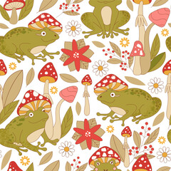 Retro 70s hippie vibrant summer seamless pattern with groovy frog, mushrooms, flowers and leaves. Forest garden vector surface design for invitation, wrapping paper, packaging etc.