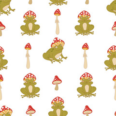 Retro 70s hippie vibrant summer seamless pattern with groovy frog and mushrooms. Forest garden vector surface design for invitation, wrapping paper, packaging etc.