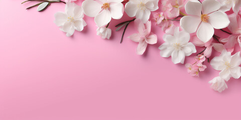 Fototapeta na wymiar Cherry blossom. Creative banner with sakura spring flowers. Flat lay, top view. generative AI. Pink background