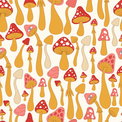 Retro 70s hippie vibrant summer seamless pattern with groovy mushrooms. Forest garden print for fabric, packaging, scrapbooking and wrapping paper. Vector illustration.