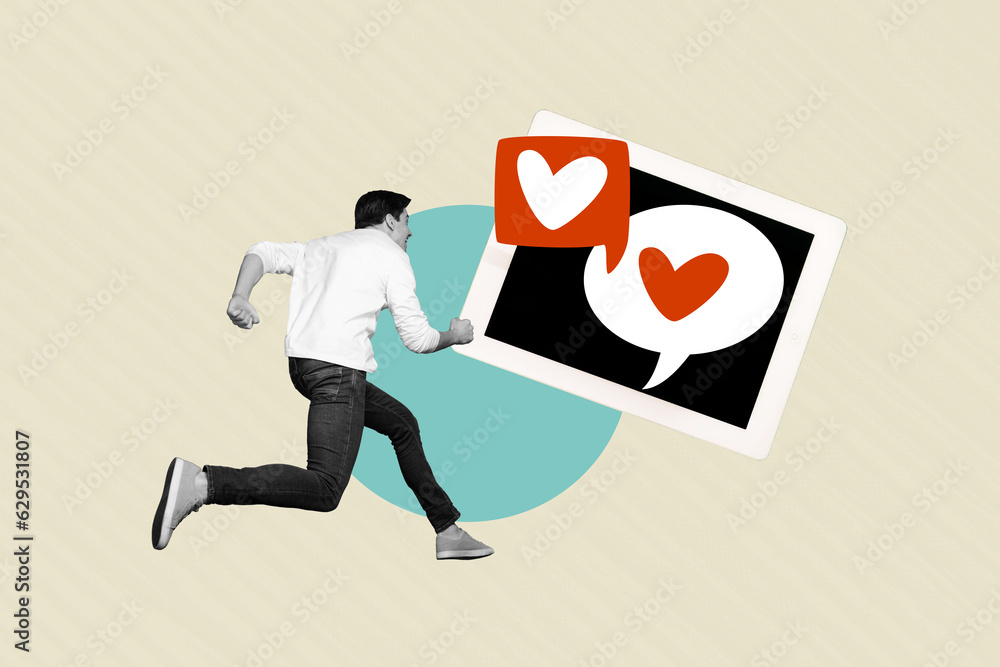 Sticker Collage art picture advertisement running guy click like match tinder app find his love second part isolated on painting background