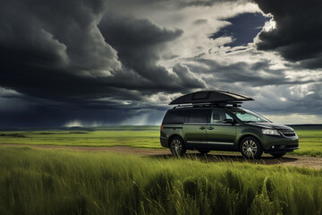 Traveler car in thunderstorm countryside. Ai generated
