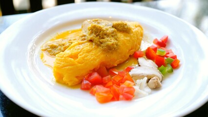 Breakfast Buffet in Luxury Hotel with Stuffed Omelette. Healthy food in outdoor cafe. Concept of a delicious and nutritious morning meal.