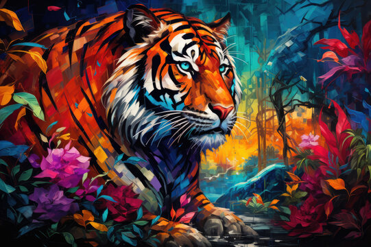Surreal Rainbow Tiger: AI-generated stock image of a tiger with surreal and rainbow-like fur patterns. Use it for imaginative and artistic projects, LGBTQ+ themed campaigns, and eye-catching posters.