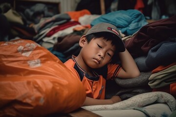 Exhausted and tired mexican boy sleeping in an immigration center surrounded by bags and used clothes. Concept of migrant and refugee children. - obrazy, fototapety, plakaty