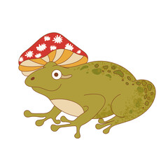 Retro 70s groovy funky frog with mushrooms. Frog character wearing mushroom hat. Naive groovy toad psychedelic vintage illustration.