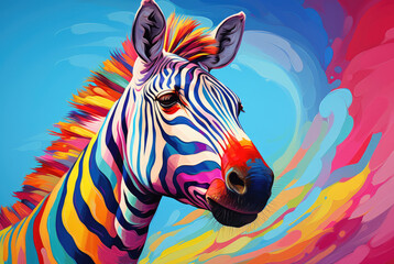 Zebra with Multicolored Stripes: This stock photo showcases a zebra sporting an array of multicolored stripes, created using AI image blend of colors adds an element of intrigue.