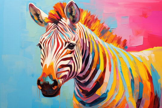 Abstract Zebra Artwork created using AI technology, features an abstract representation of a zebra. The zebra's form is discernible amidst a fusion of vivid and harmonious colors.