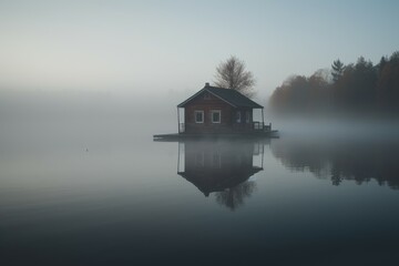 Obraz premium House island foggy lake. Generate Ai