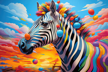 Artistic Zebra Portrait: This stock image, produced using advanced AI algorithms, presents a zebra portrait with a creative twist zebra's distinctive stripes merged with array of vivid colors. - obrazy, fototapety, plakaty