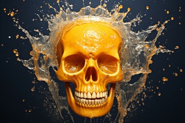 Human skull splashes orange juice. Generate Ai