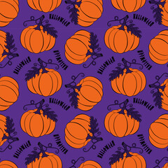 Pumpkins Halloween pattern orange and purple color, lettering, inscription. Doodle hand drawn. Vector illustration