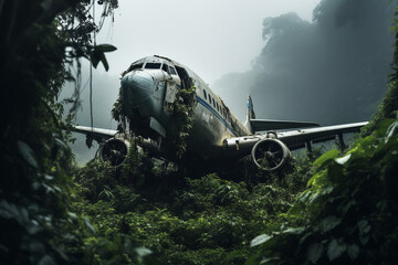 Abandoned crushed plane wreck overgrown by green plants in jungle. Ai generated